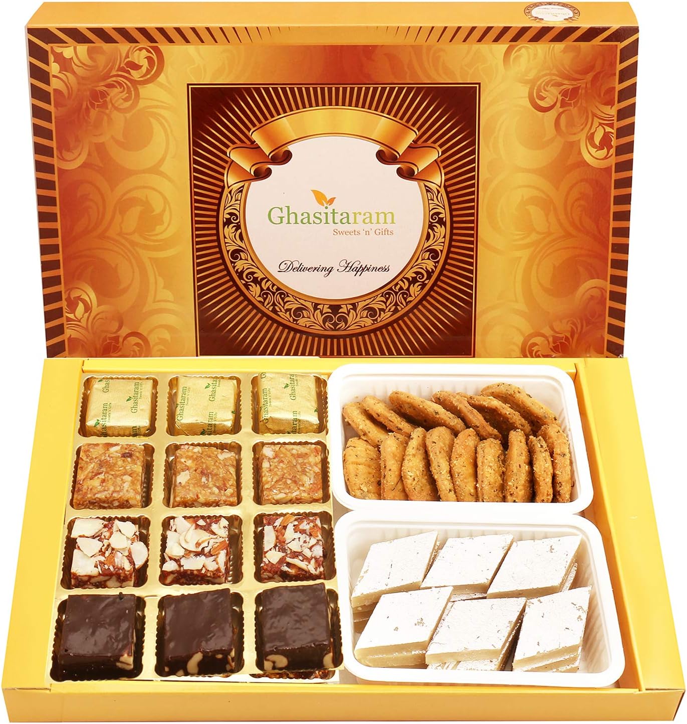 Ghasitaram Gifts Indian Sweets - Diwali Gifts Diwali Sweet - Big Box of 12 Pcs Assorted Bites, Kaju Katli and Methi Mathi