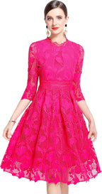 LAI MENG FIVE CATS Womens 3/4 Sleeve Flowy Lace Floral Elegant Crew Neck Crochet Waist Party Dress