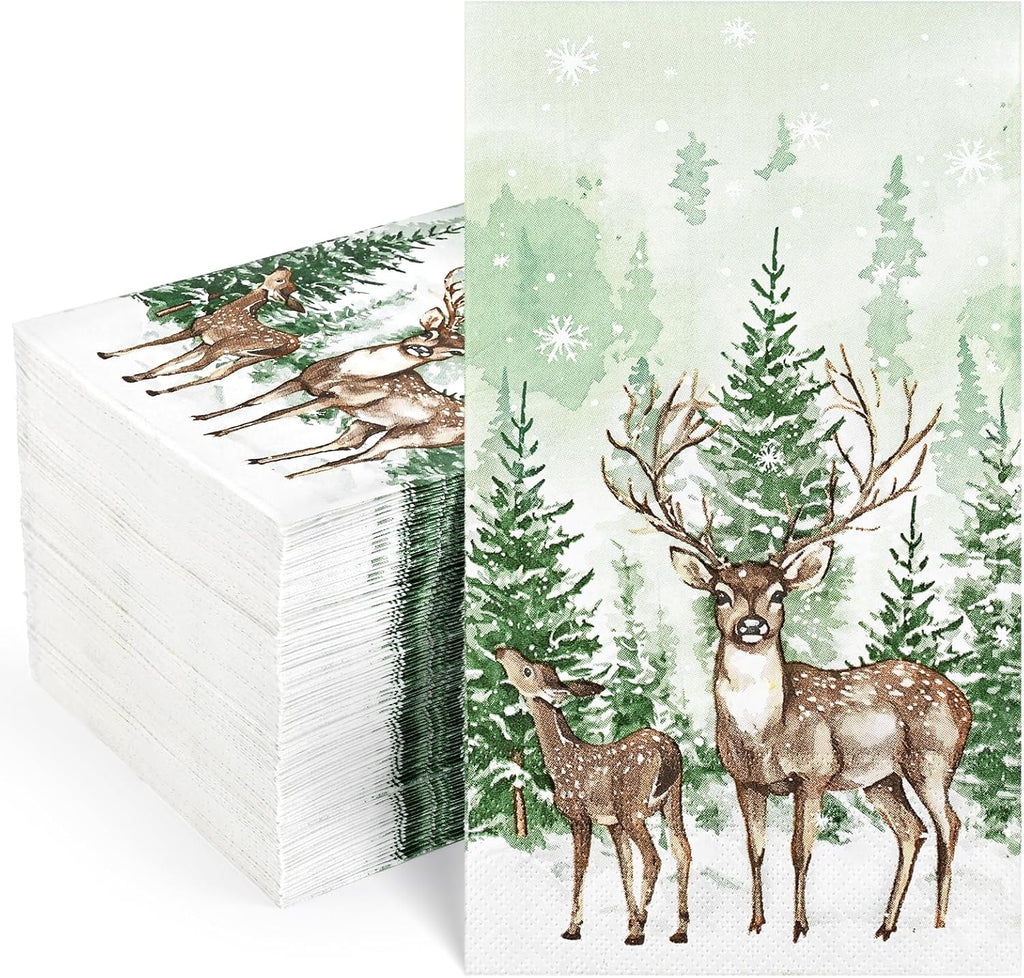 Homlouue 100 PCS Holiday Napkins, 3-Ply " Watercolor Snow & Winter Pine Forest & Deer " Paper Napkins, Christmas Holiday Guest Napkins for Xmas Seasonal Dinner Bathroom Party