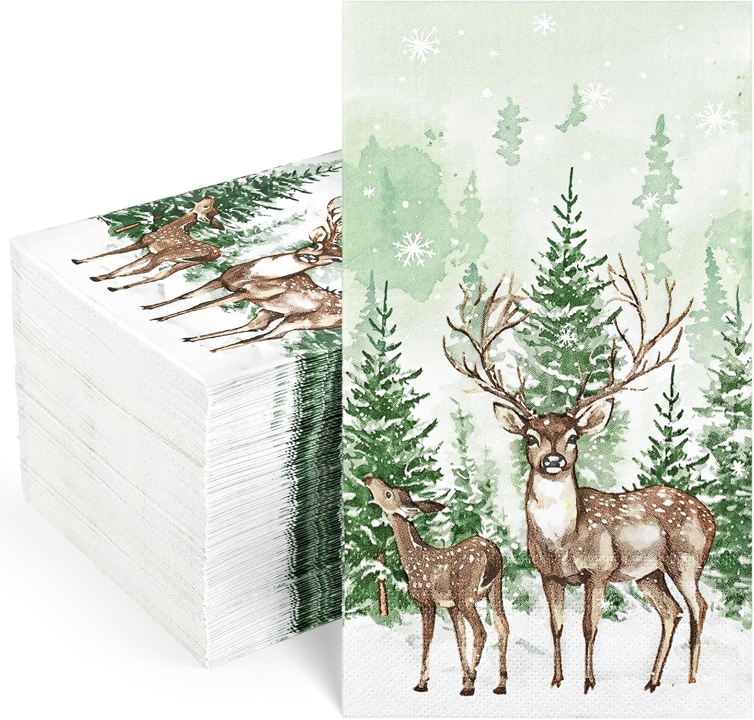 Homlouue 100 PCS Holiday Napkins, 3-Ply " Watercolor Snow & Winter Pine Forest & Deer " Paper Napkins, Christmas Holiday Guest Napkins for Xmas Seasonal Dinner Bathroom Party