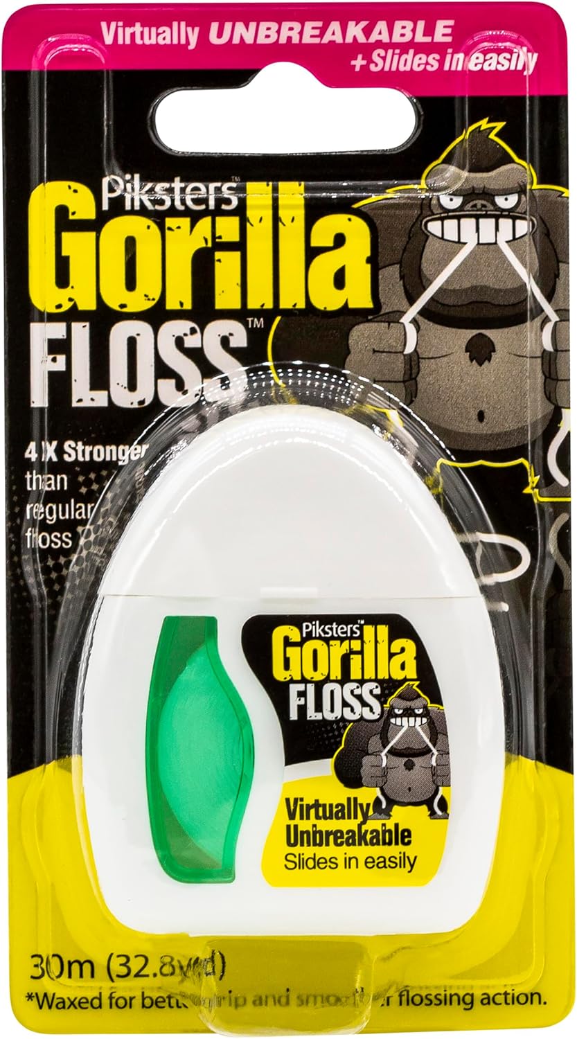 Piksters Gorilla Floss, 30m (32.8 Yds) Extra Strong Dental Floss, Plaque Remover for Teeth, Shred Resistant, Smooth Gliding, Waxed, Deep Cleaning Teeth Flosser, Oral Care for Adults & Kids