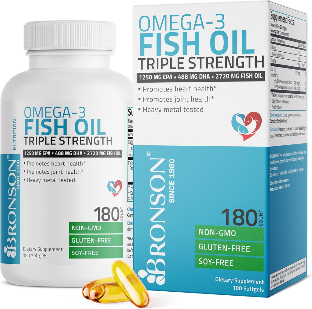 Bronson Omega 3 Fish Oil Triple Strength 2720 mg, High EPA 1250 mg DHA 488 mg, Non-GMO Heavy Metal Tested, 180 Softgels