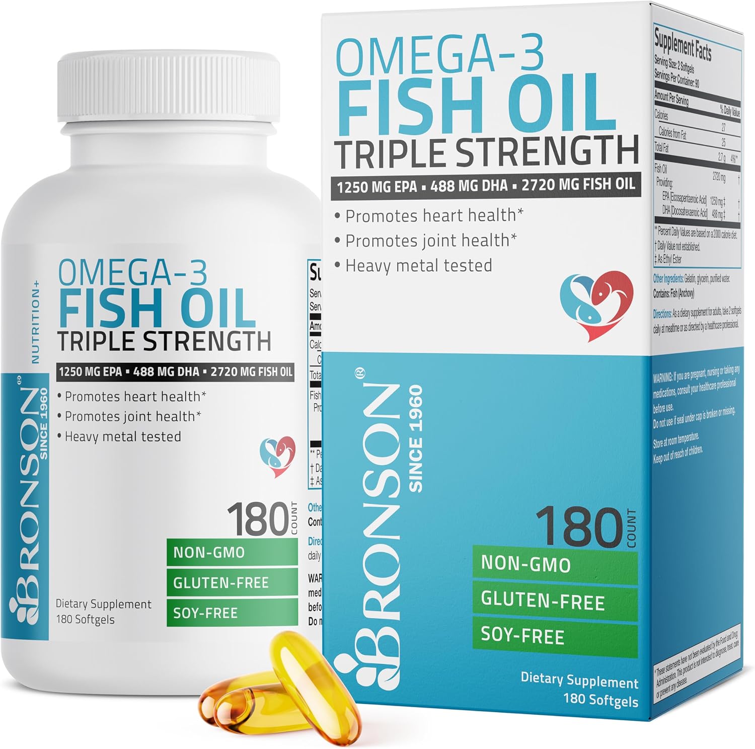 Bronson Omega 3 Fish Oil Triple Strength 2720 mg, High EPA 1250 mg DHA 488 mg, Non-GMO Heavy Metal Tested, 180 Softgels