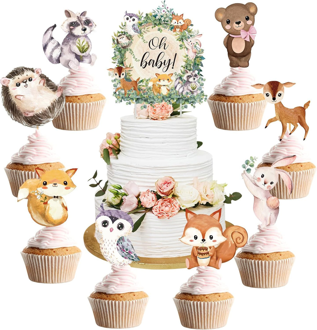 49 Pcs Woodland Cupcake Topper Neutral Forest Animal Cupcake Toppers for Woodland Baby Shower Decorations Floral Leaf Boho Birthday Party Supplies Gender Reveal Favors Decor(Leaf Style)