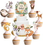 49 Pcs Woodland Cupcake Topper Neutral Forest Animal Cupcake Toppers for Woodland Baby Shower Decorations Floral Leaf Boho Birthday Party Supplies Gender Reveal Favors Decor(Leaf Style)