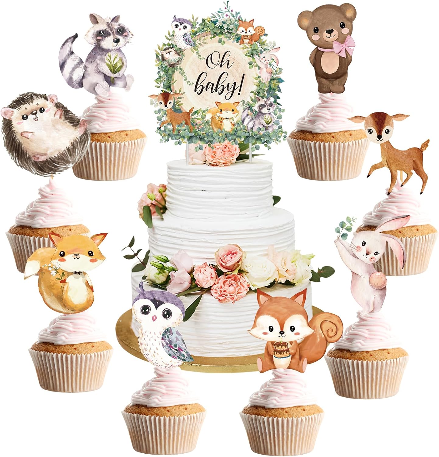 49 Pcs Woodland Cupcake Topper Neutral Forest Animal Cupcake Toppers for Woodland Baby Shower Decorations Floral Leaf Boho Birthday Party Supplies Gender Reveal Favors Decor(Leaf Style)