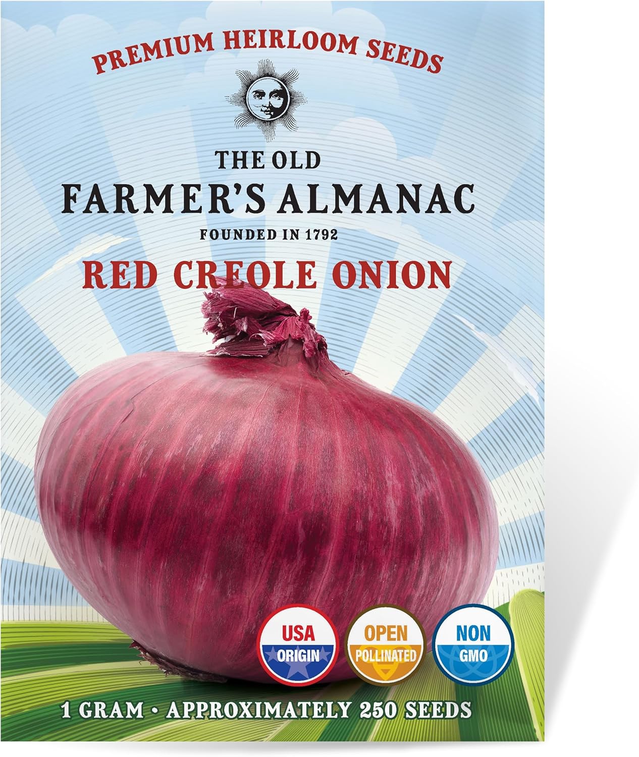 The Old Farmer's Almanac Red Creole Onion Seeds - Heirloom, Non-GMO, Premium Quality, Open Pollinated, Spicy-Sweet Flavor (1 Packet - 1 Gram - Approx 250 Seeds)