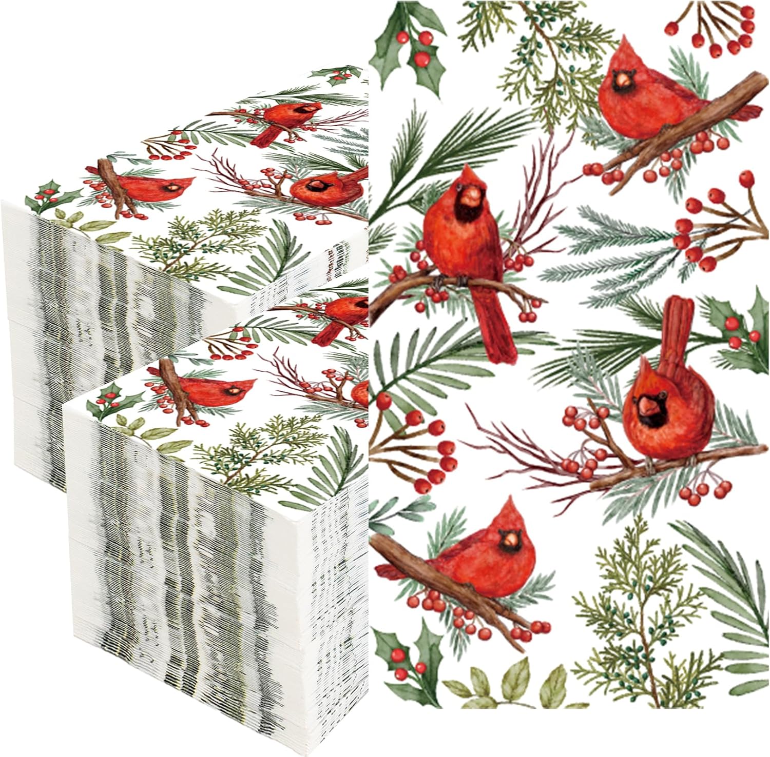 Christmas Napkins, 200 PCS Christmas Napkins Paper Disposable, Red Cardinal Bird with Holly Berries Decorative Greenery Dinner Guest Hand Towel for Bathroom for Xmas Holiday Party Supplies Table Decor