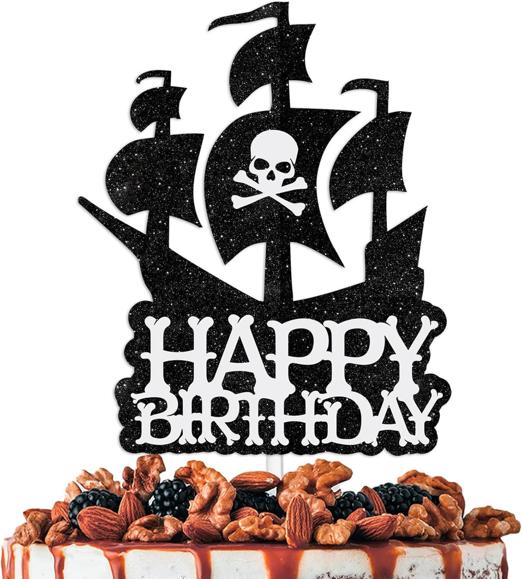 Pirate Cake Topper Happy Birthday Black White Glitter Theme Decor for Kids Nautical Party Decorations Supplies
