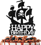 Pirate Cake Topper Happy Birthday Black White Glitter Theme Decor for Kids Nautical Party Decorations Supplies