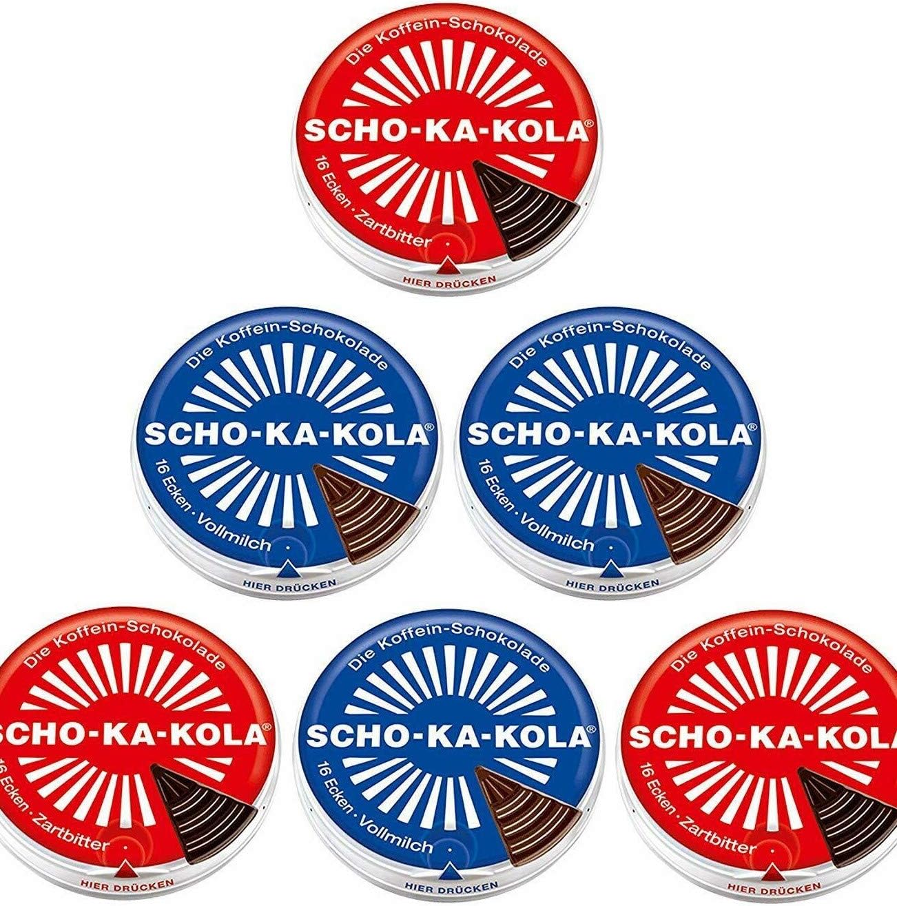 Dark Chocolate 3 tins x 100 g and Milk Chocolate 3 tins x 100 g SCHO-KA-KOLA with natural Caffeine from Cocoa, Cola-Nut-Powder and Coffee / Germany
