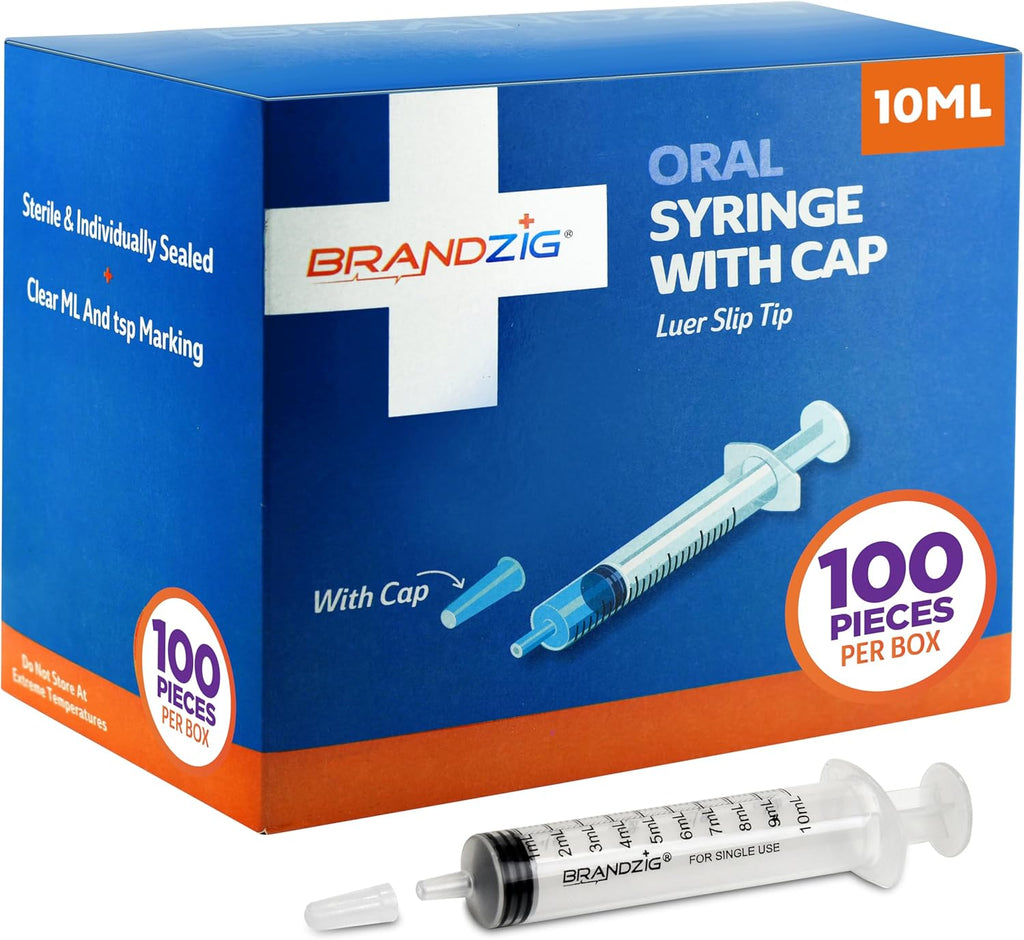 10ml Oral Syringe With Cap (100 Pack) | Oral Dispenser Without Needle, Luer Slip Tip | Individually Wrapped Medicine Dropper For Infants & Pets