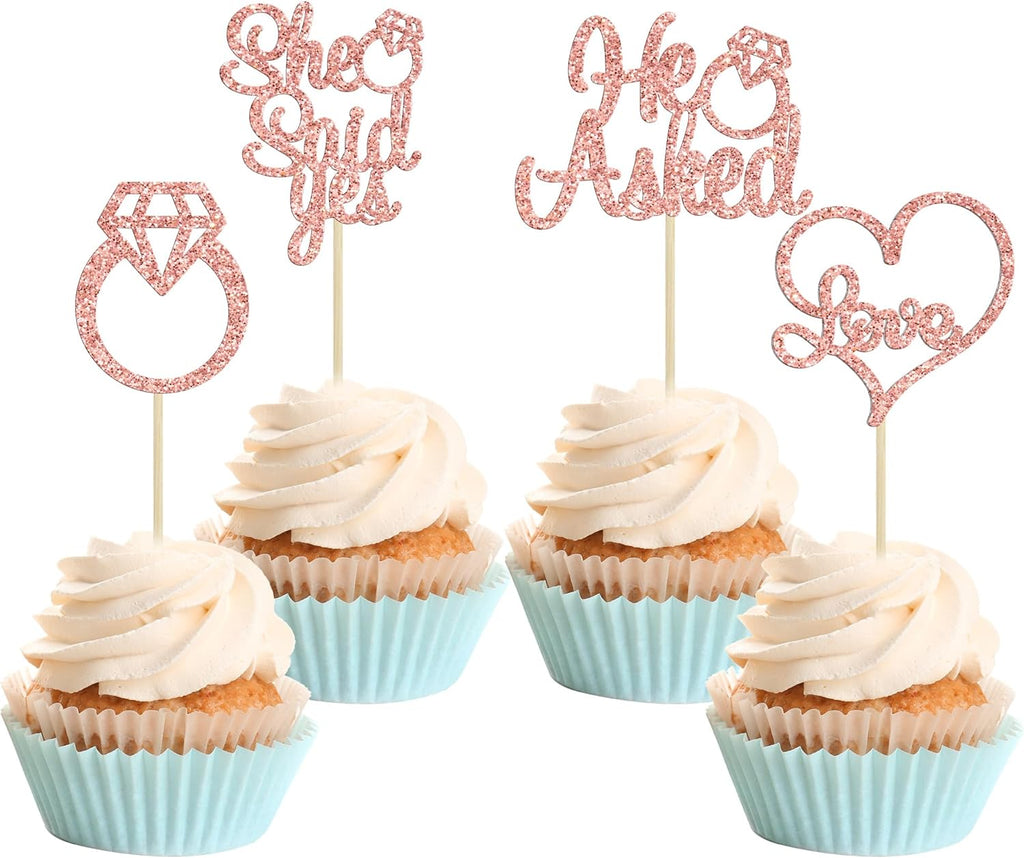 Gyufise 24Pcs Rose Gold He Asked She Said Yes Cupcake Toppers Diamond Ring Heart Cake Picks for Wedding Engagement Party Cake Decorations