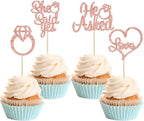 Gyufise 24Pcs Rose Gold He Asked She Said Yes Cupcake Toppers Diamond Ring Heart Cake Picks for Wedding Engagement Party Cake Decorations