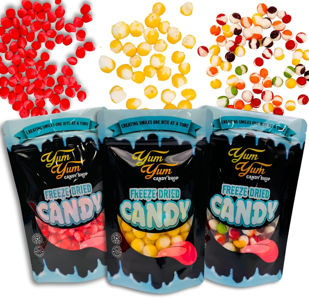 Freeze Dried Candy Variety Pack – Rainbow Krunchies, Sour Lemon Ballz, Cinnamon Hotties – Sweet & Sour Crunchy Snack – 3 Bags – Viral Snack Gift – Yum Yum Candy Shop