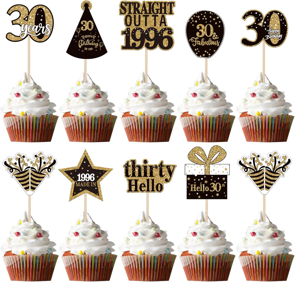 36PCS Happy 30th Birthday Cupcake Toppers Double Sided Black Gold Thirty Hello 30 Straight Outta 1996 Cupcake Picks 30 Fabulous Cheers to 30 Years Cake Decorations for 30th Birthday Party Supplies