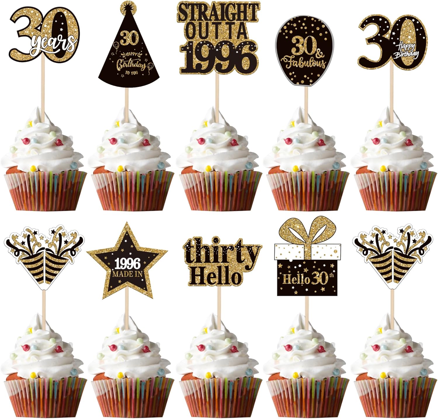 36PCS Happy 30th Birthday Cupcake Toppers Double Sided Black Gold Thirty Hello 30 Straight Outta 1996 Cupcake Picks 30 Fabulous Cheers to 30 Years Cake Decorations for 30th Birthday Party Supplies