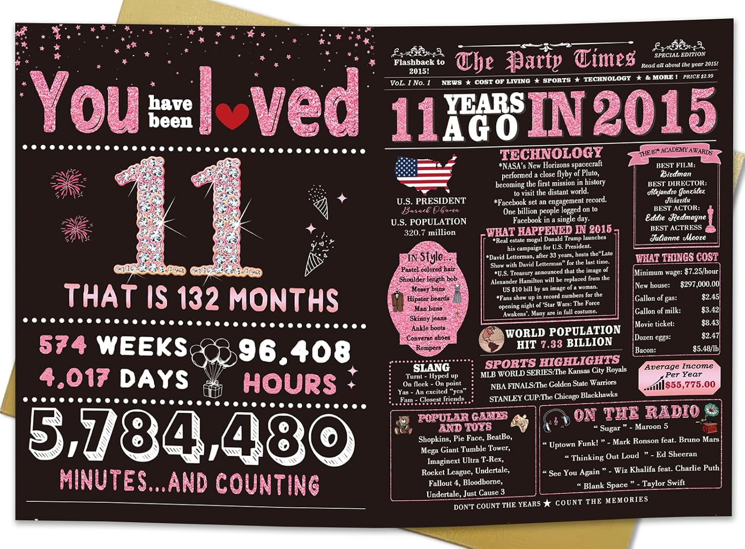 ICOOLYI 11 Year Old Girl Birthday Gifts, 11th Birthday Decorations for Girls, 11th Birthday Card, Celebration Ideas, Big Size, Rose Pink Gold