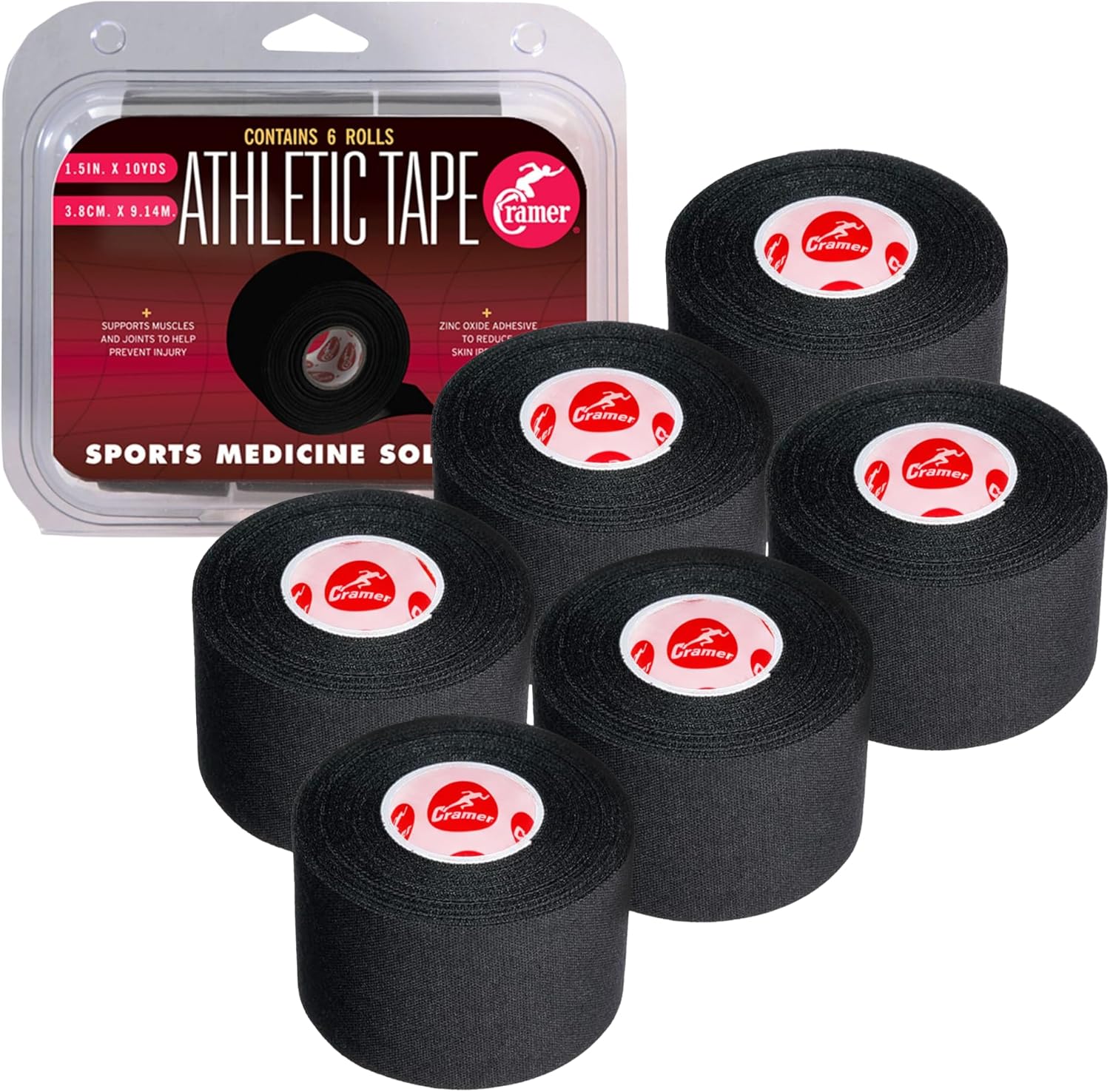 Cramer Athletic Tape 6 Pack, 1.5" x 10 Yards Black, Easy Tear Sports Tape for Ankle, Wrist & Knee, Latex-Free Adhesive, Strong Support, Athletic Training Tape Roll