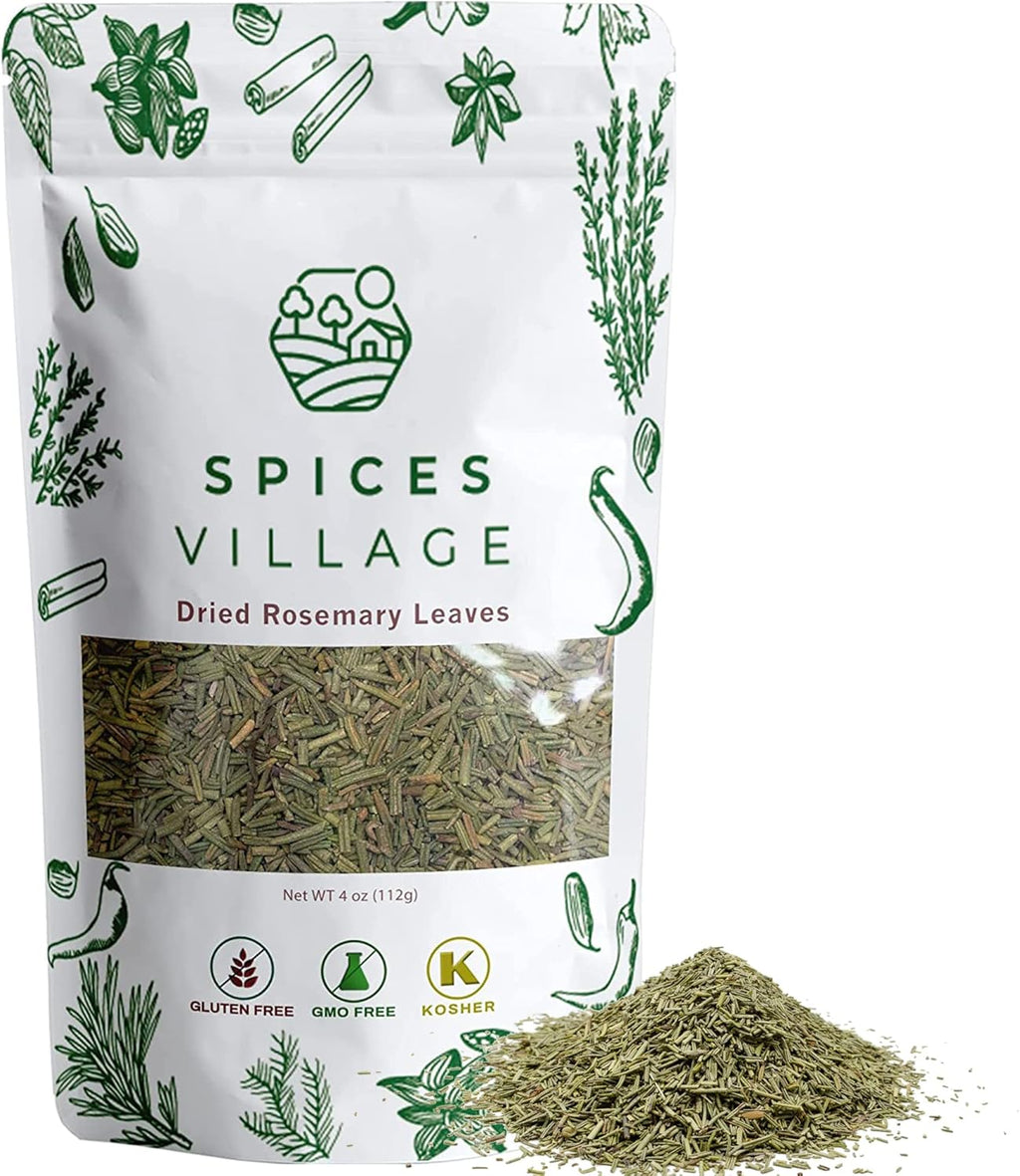 SPICES VILLAGE Dried Rosemary Leaves [ 4 oz ] – Cut & Sifted Natural Dried Rosemary Spice for Cooking and Tea, Pure Mediterranean Seasoning - Kosher, Gluten Free, Vegan, Non GMO, Resealable Bulk Bag