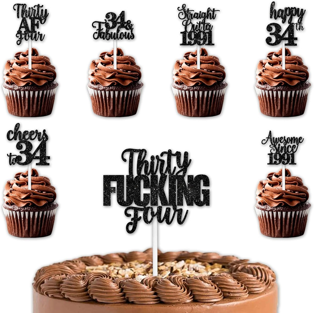 Black Glitter 1pcs Cake Topper 12pcs Cupcake Topper Funny Straight Outta 1991 Theme Party Decorations Men Women Happy 34th Birthday Party Decor Supplies