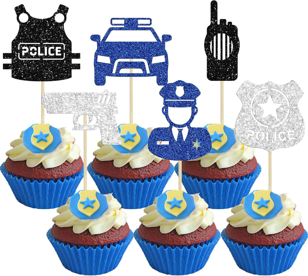 Gyufise 24Pcs Police Cupcake Toppers Glitter Policeman Police Officer Cupcake Picks Police Cake Decorations for Police Emblem Theme Birthday Party Cake Decor Supplies