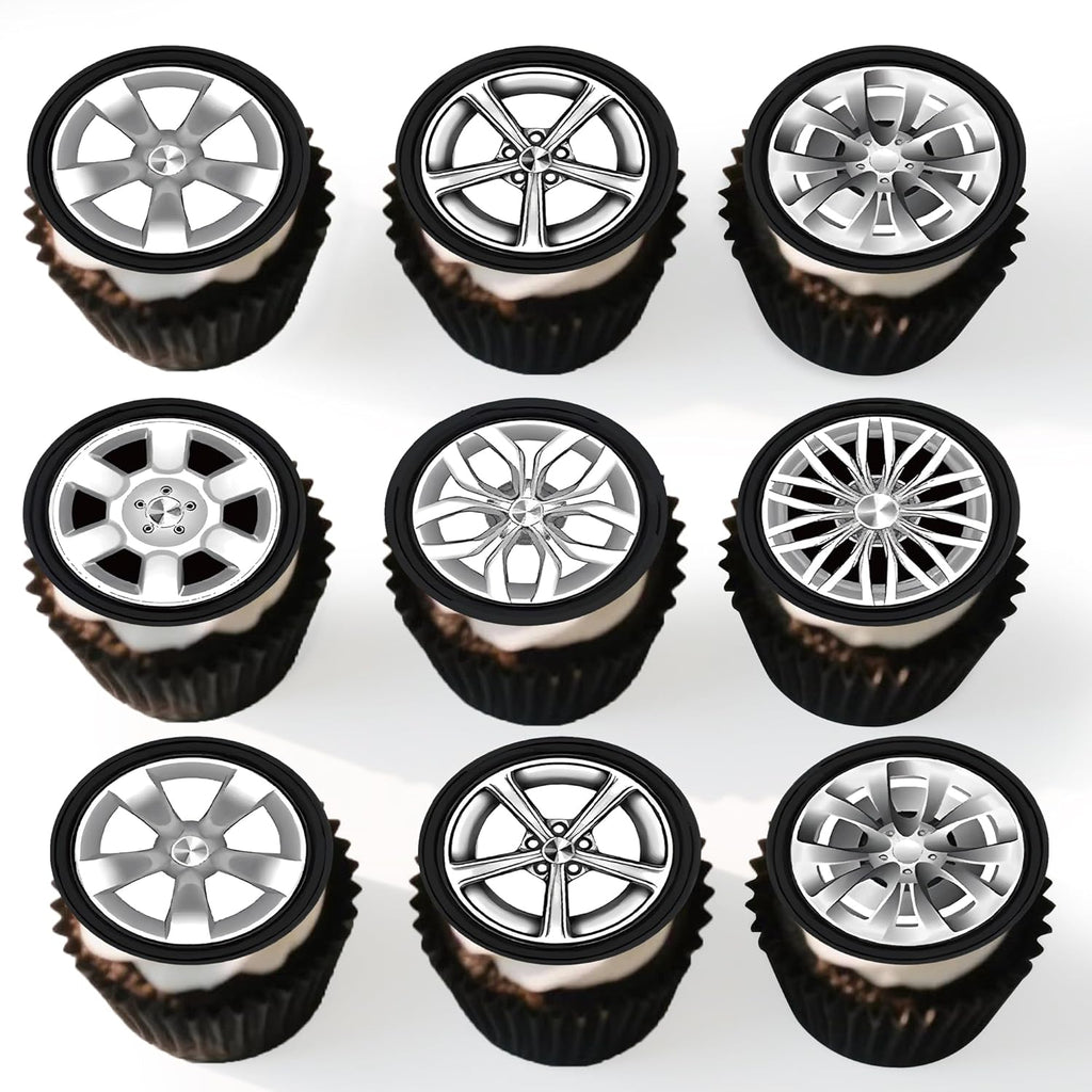 48Pcs Edible Tyre Dessert Cupcake Topper Racing Cars Wheels Theme Birthday Party Decorations Supplies