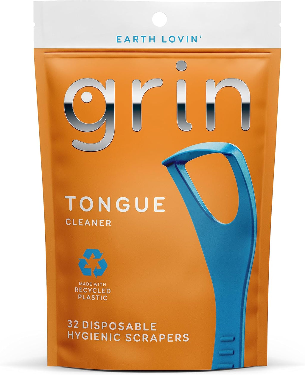 GRIN Tongue Cleaner, 32 Count, Disposable Tongue Cleaner, Hygienic Scraper, Recycled Plastic, Clean Tongue, Promote Fresh Breath, Includes Safe Fold- Back Tooth Pick