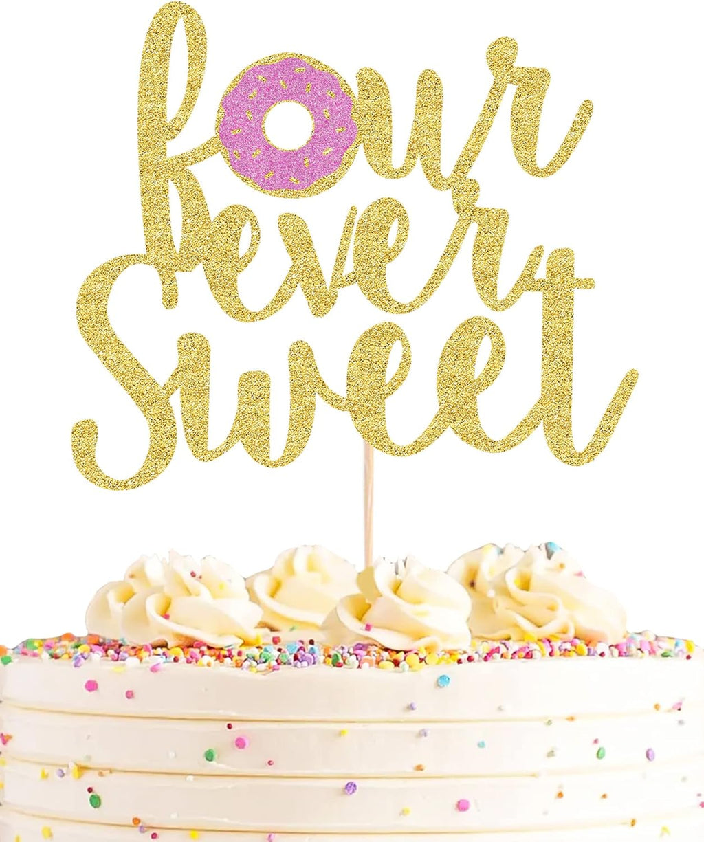 Four Ever Sweet Cake Topper - Gold Glitter Happy 4th Birthday Cake Decorating Supplies, for Boy or Girl Party Photo Booth Props