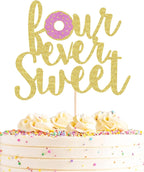 Four Ever Sweet Cake Topper - Gold Glitter Happy 4th Birthday Cake Decorating Supplies, for Boy or Girl Party Photo Booth Props