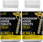 Potassium Iodide Tablets 130 mg (Pack of 2) - (120 Tablets) 10 Year Shelf-Life EXP 2034 to 2035 - Ki Pills - Yoduro de potasio - Nutri Supplements - 3rd Party Tested - NSF cGMP Certified Facility