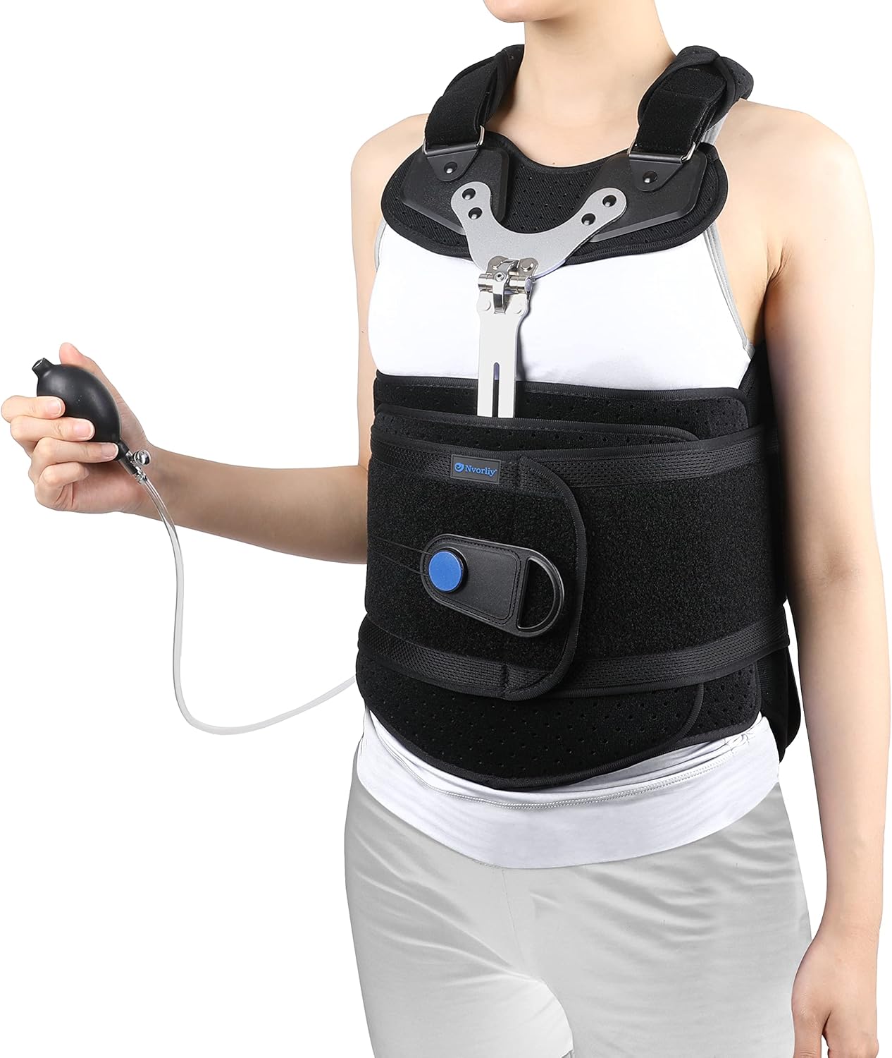 Nvorliy TLSO Full Back Brace for Back Pain Relief - Inflatable Airbag Thoracic Back Brace Orthosis Support for Compression Fracture, Pre or Post Op, Kyphosis, Scoliosis, Osteoporosis (Medium)