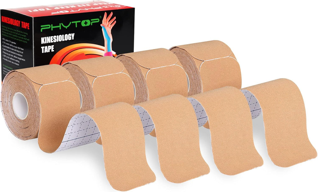 Kinesiology Tape Precut Strips - 4 Rolls Beige (2"x16.4ft) - Waterproof K Sports Tape for Muscle Support, Easy Application, Breathable & Latex Free