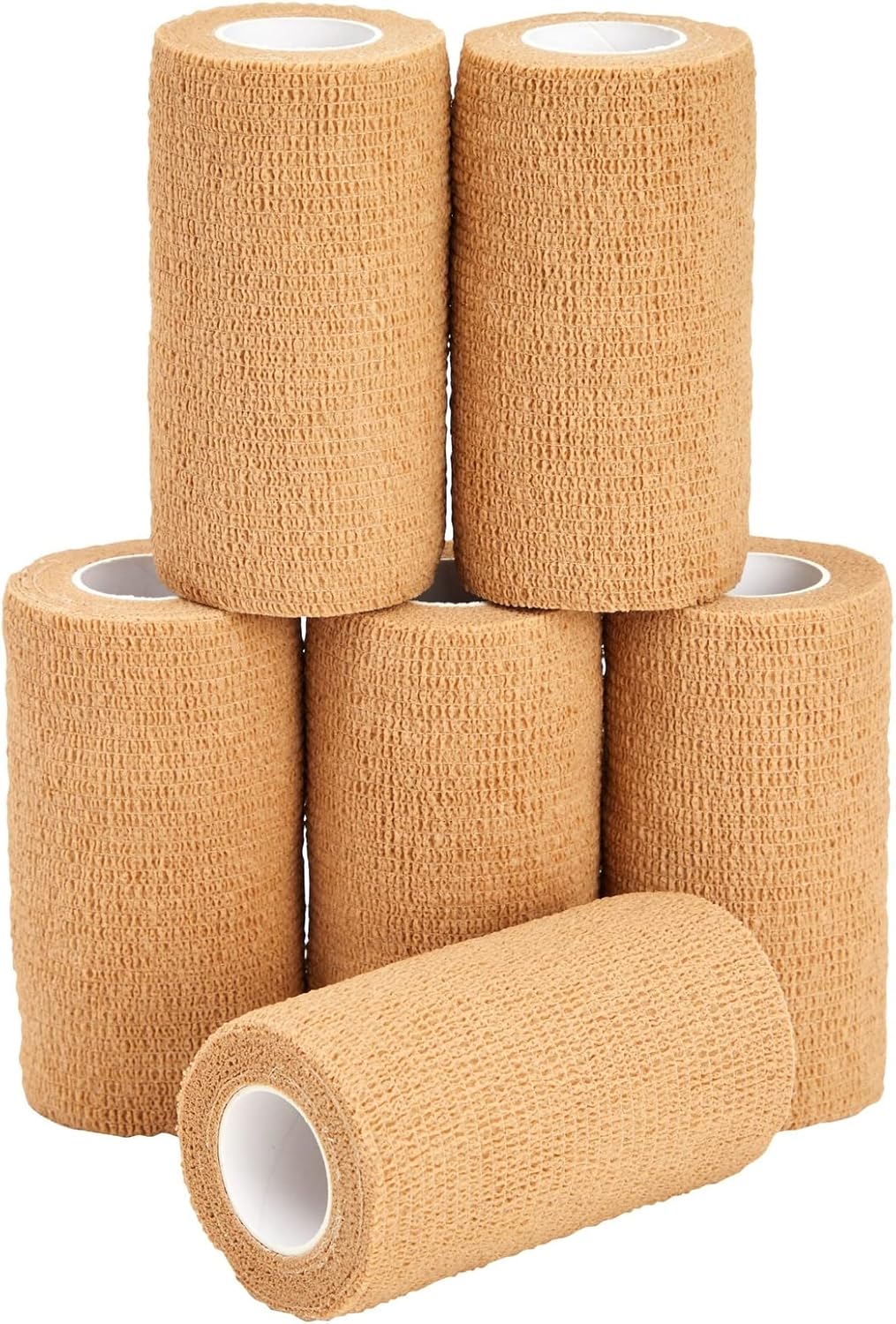 Juvale Cohesive Self-Adhering Elastic Bandage Wrap - Sprain Support & Medical Tape - Vet Wrap for Horses & Horse Leg Support - Sport Tape & Tattoo Bandage - 4 in x 5 yd, Tan, Pack of 6