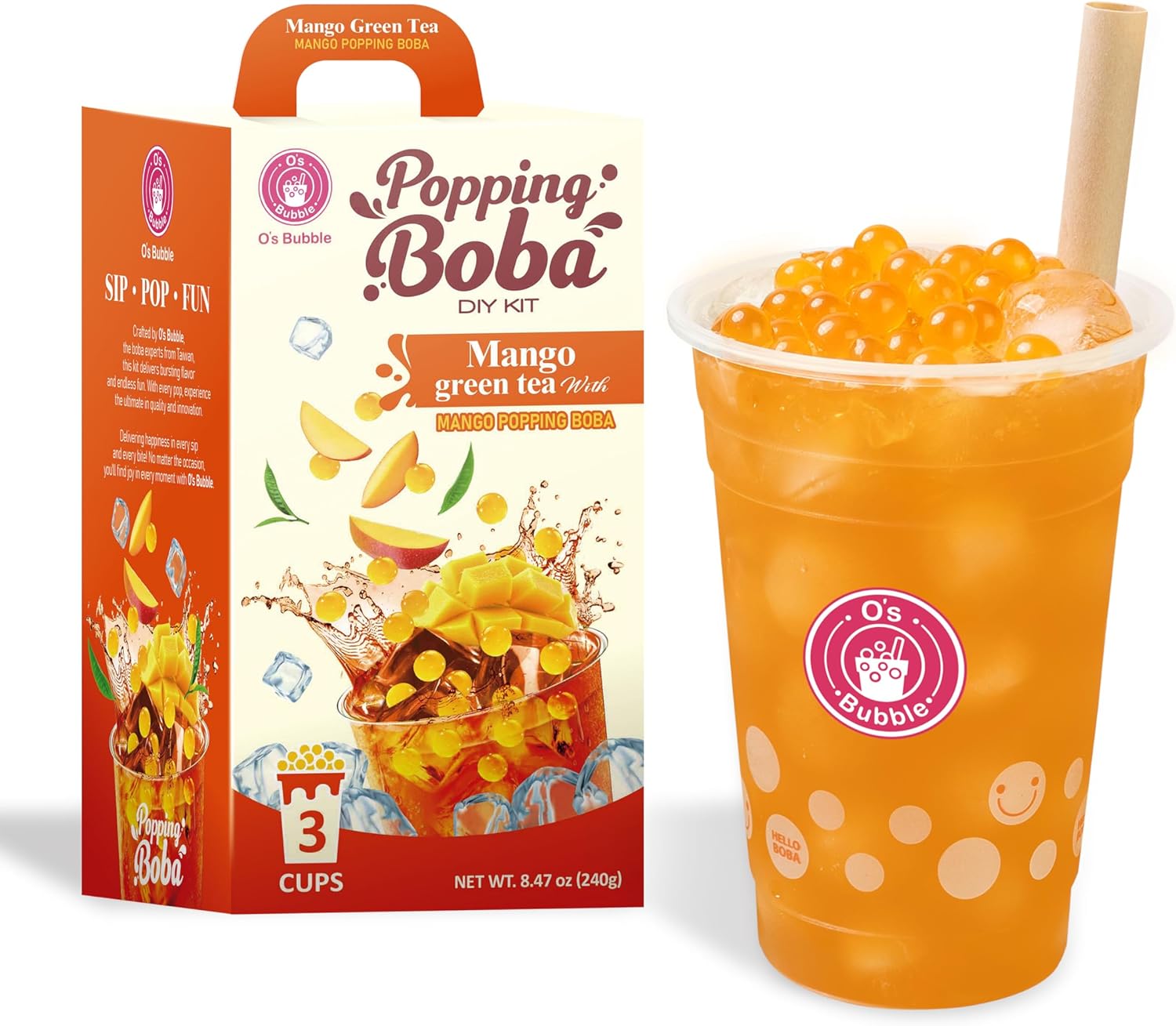 O’s Bubble Peach Green Tea – DIY Boba Kit with 3 Peach Syrup Packs & 3 Mango Popping Boba – Make Fruity Bubble Tea at Home – 3 Servings Included (Mango Green Tea)