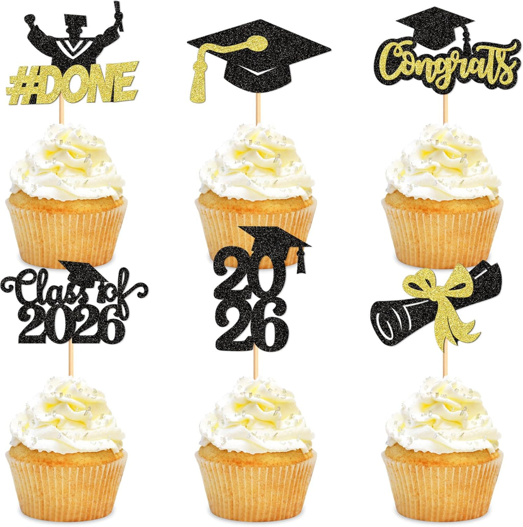 24pcs Glitter Black Golden 2026 Graduats Diploma Cupcake Toppers Class of 2026 Grad Cap DONE Cupcake Picks Cake Decorations for 2026 Graduation Theme Party Supplies