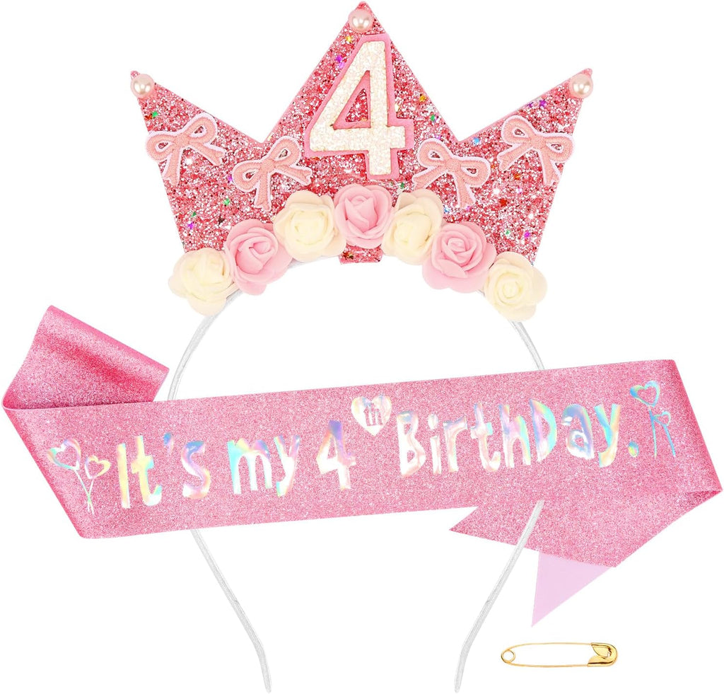 Atoden 4 Year Old Birthday Headband and Sash Happy 4th Birthday Decorations for Girl Glitter Flower Princess Crown Tiara with Pink Bow Party Costume Outfit Gifts