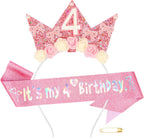 Atoden 4 Year Old Birthday Headband and Sash Happy 4th Birthday Decorations for Girl Glitter Flower Princess Crown Tiara with Pink Bow Party Costume Outfit Gifts