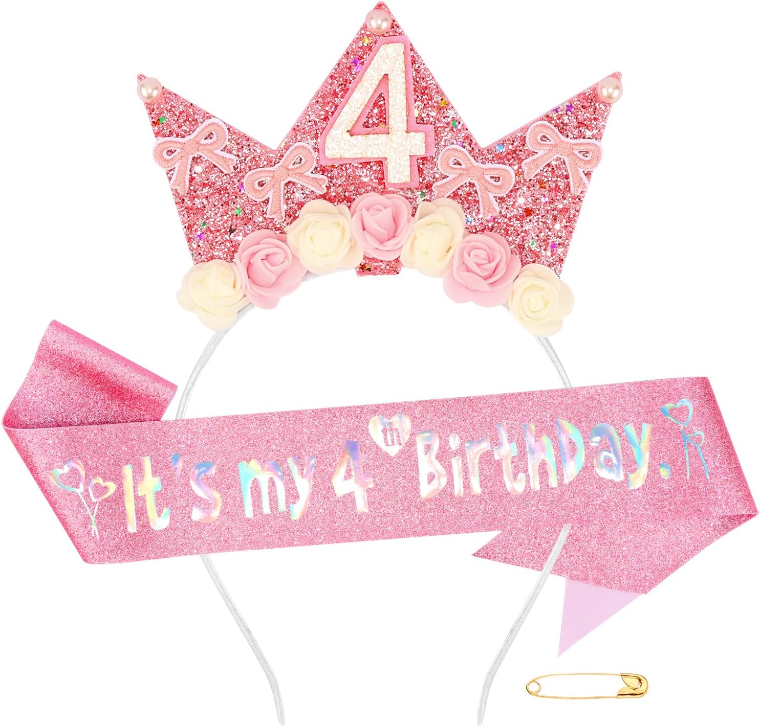Atoden 4 Year Old Birthday Headband and Sash Happy 4th Birthday Decorations for Girl Glitter Flower Princess Crown Tiara with Pink Bow Party Costume Outfit Gifts