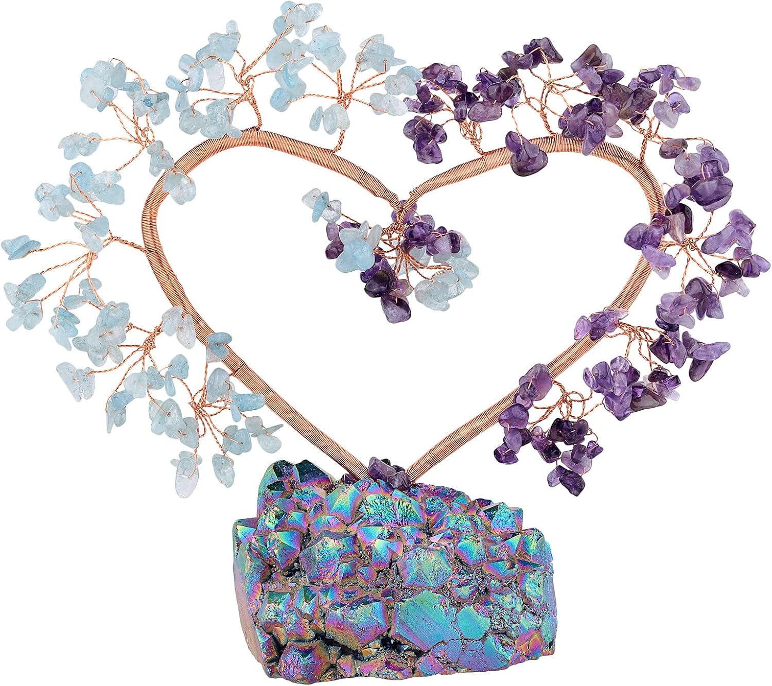 mookaitedecor Amethyst & Aquamarine Love Heart Crystal Tree with Rainbow Titanium Coated Rock Quartz Base Money Tree Ornament for Wedding Decoration Home Decor