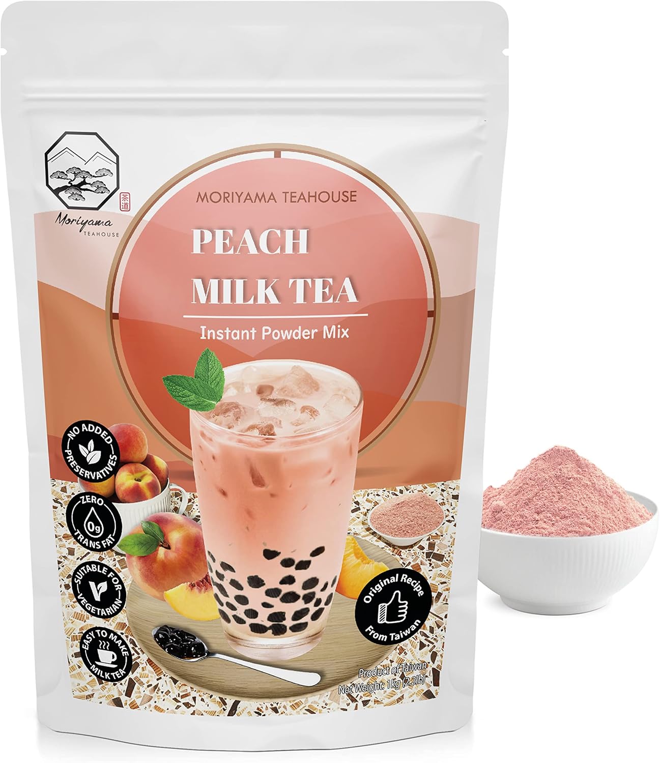 Peach Bubble Milk Tea Instant 3in1 Powder Mix - 1kg (33 Drinks) | For Boba Tea, Milkshake, Blended Frappe and Bakery | Authentic Taiwan Recipe | 0 Trans Fat, No Preservatives by Moriyama Teahouse