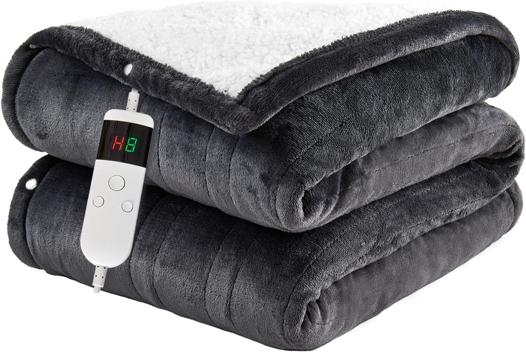 Electric Blanket Heated Throw, Soft Flannel 50"x60" Heating Blanket with 8 Hours Auto Off 10 Fast Heating Levels Machine Washable Sherpa Heated Blanket with Overheating Protection