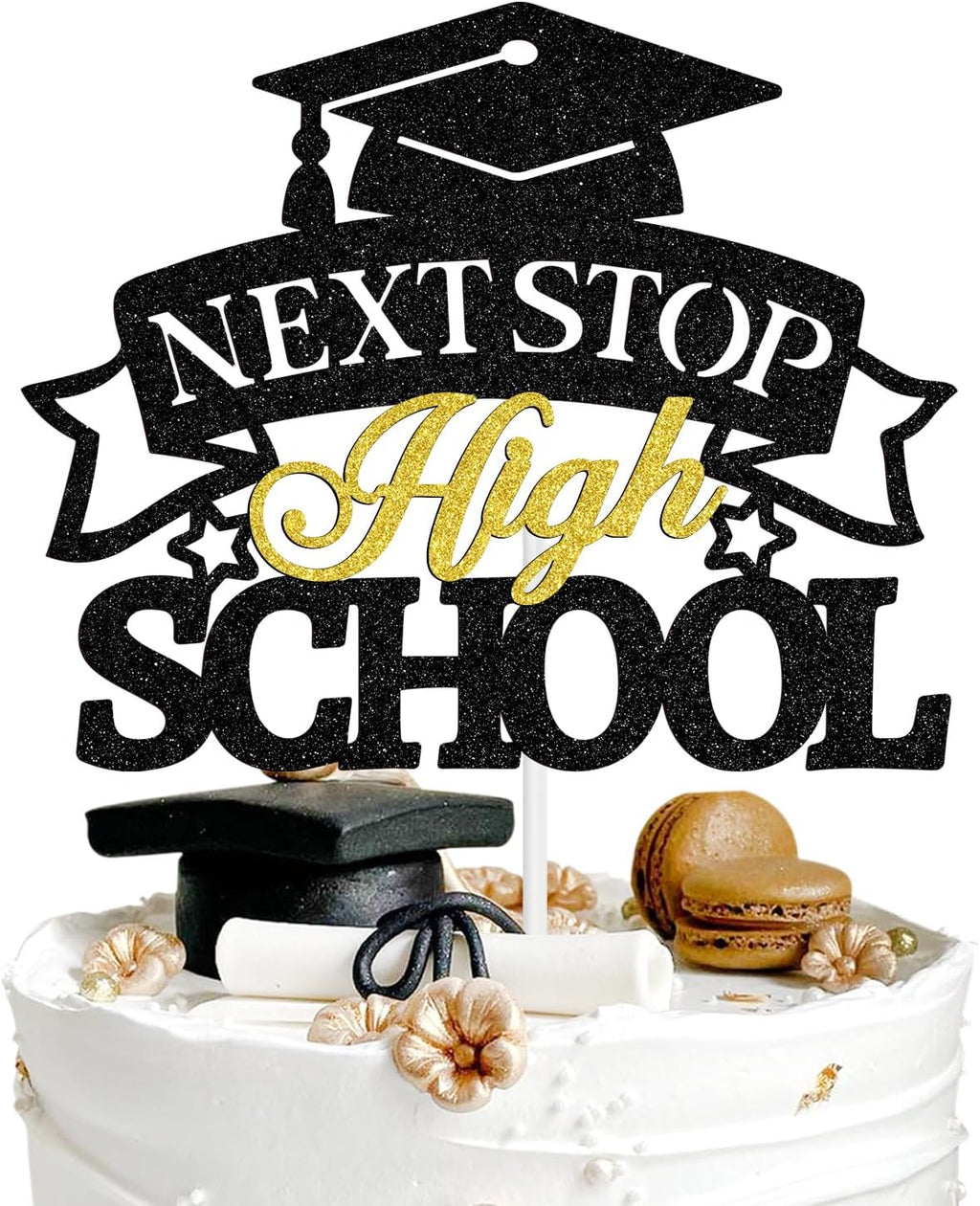 Next Stop High School Cake Topper, Congrats Grad, Goodbye Middle School, Class of 2026 8th Grad Grade Graduation Party Decorations Supplies, Black and Gold Glitter