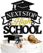Next Stop High School Cake Topper, Congrats Grad, Goodbye Middle School, Class of 2026 8th Grad Grade Graduation Party Decorations Supplies, Black and Gold Glitter