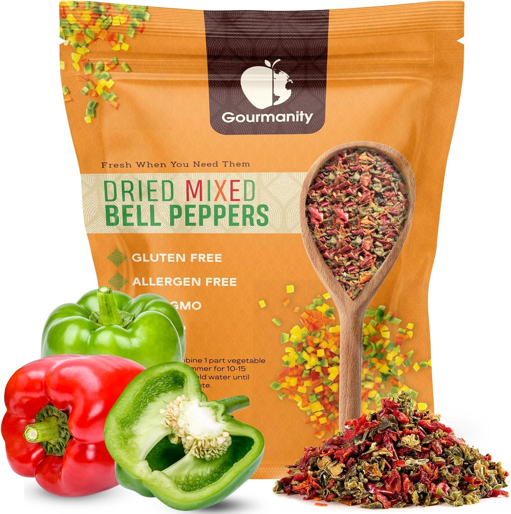 Gourmanity Dried Red and Green Bell Peppers Mix, 32oz Flavorful Diced Peppers Fresh and Appetizing, Perfect for Ramen Toppings Soups Stir-Frys and Stews, All Natural, Packed in a Resealable Bag