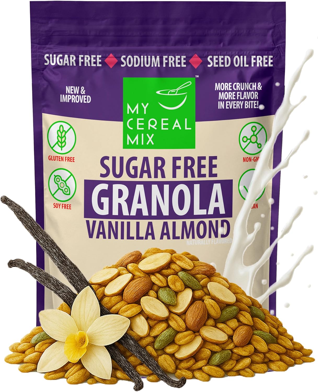 MyCerealMix Sugar Free Granola Vanilla Almond, Trial Size 10oz – Keto Friendly, Diabetic Approved, High Fiber Gluten Free Cereal, Monk Fruit Sweetened, Plant-Based Healthy Breakfast Snack