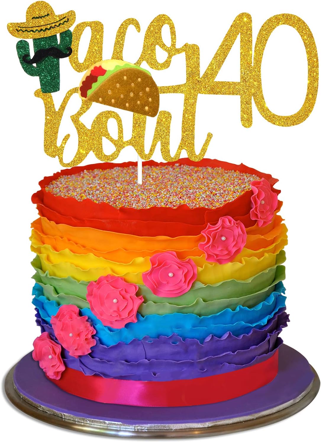 Taco Bout 40 Birthday Cake Topper - Fiesta 40th Birthday Party Glitter Taco Cactus Cake Supplies - Fabulous Forty - Mexican Summer Fiesta Party Decoration