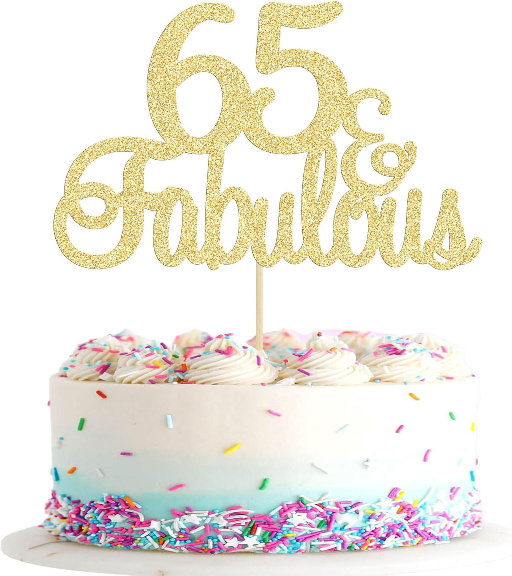 Gyufise 1Pcs 65 & Fabulous Cake Topper Gold Glitter Sixty Five and Fabulous Cake Toppers Happy 65th Birthday Cake Pick for 65th Wedding Anniversary Birthday Party Cake Decorations Supplies