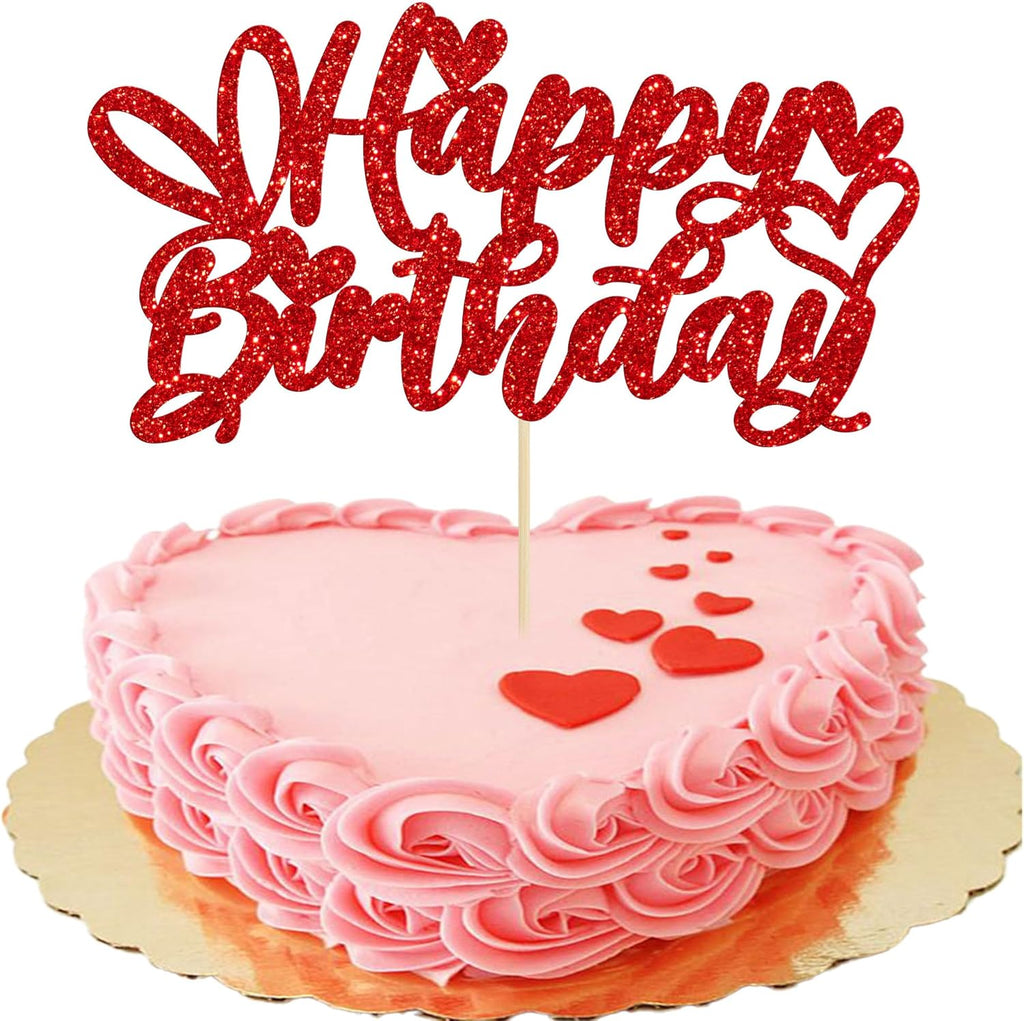 Gyufise 1 Pack Red Glitter Happy Birthday Cake Topper with Love Heart Glitter Valentine's Day Cake Picks Love Theme Baby Shower Kids Birthday Party Cake Decorations Supplies