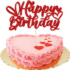 Gyufise 1 Pack Red Glitter Happy Birthday Cake Topper with Love Heart Glitter Valentine's Day Cake Picks Love Theme Baby Shower Kids Birthday Party Cake Decorations Supplies